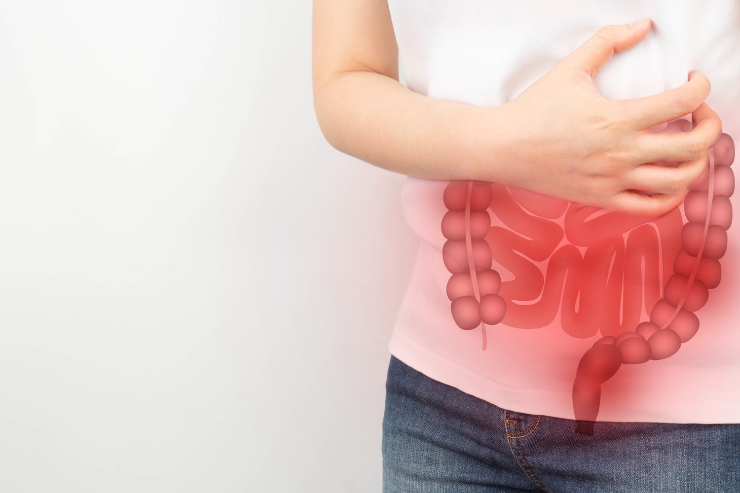 Illustration of the large bowel over a person's abdomen