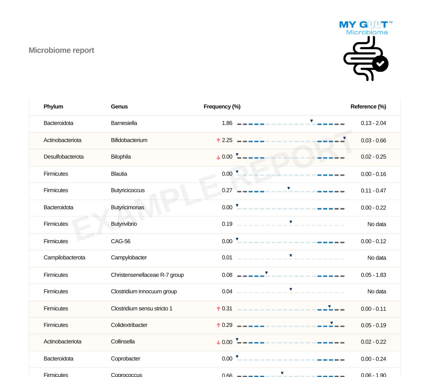 Example MY GUUT table listing bacterial genera with frequency and reference range